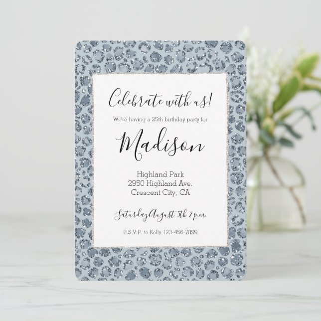 Denim Blue Leopard Print Glitter Invitation (Standing Front)