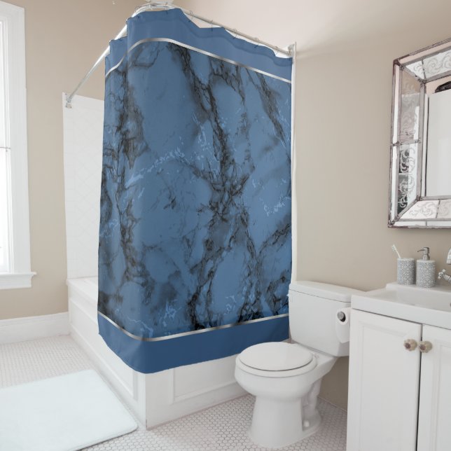 Denim Blue Marble with Silver Accents Shower Curtain (In Situ)