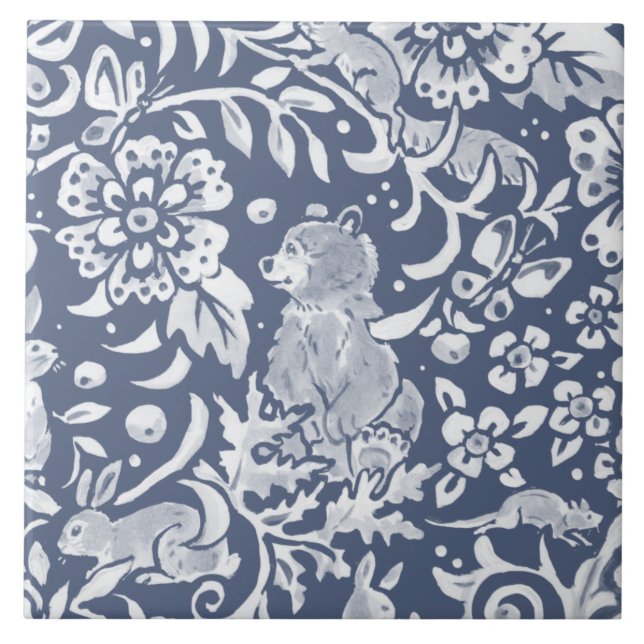 Denim Blue MURAL Woodland Bear Top Right  Ceramic  Tile (Front)