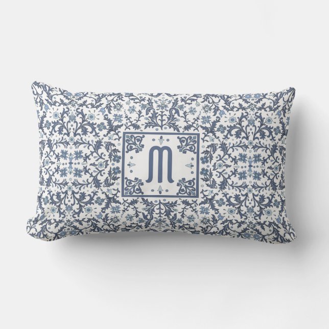 Denim Blue Ornate Monogram Lumbar Cushion (Front)