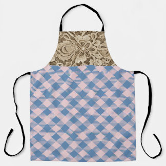 "Denim Blue, Pearly Pink" Gingham & Lace Apron