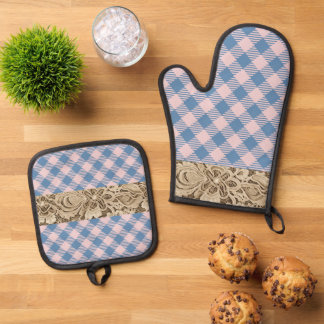 "Denim Blue, Pearly Pink" Gingham & Lace Oven Mitt & Pot Holder Set