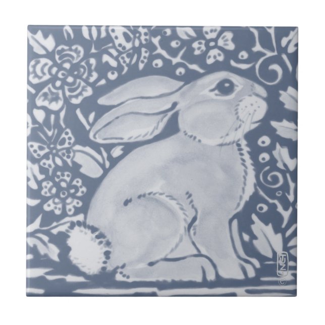 Denim Blue Plump Bunny Rabbit Floral Dedham Delft Tile (Front)