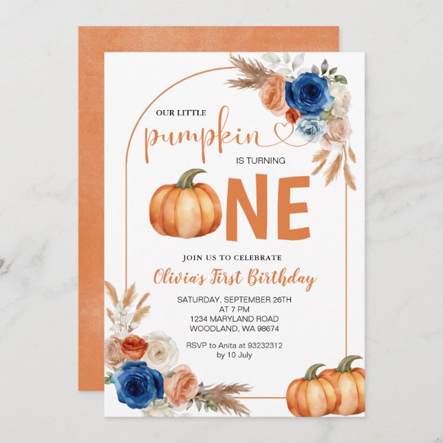 Denim Blue Rustic Pumpkin 1st Birthday Invitation (Front/Back)