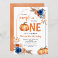 Denim Blue Rustic Pumpkin 1st Birthday Invitation