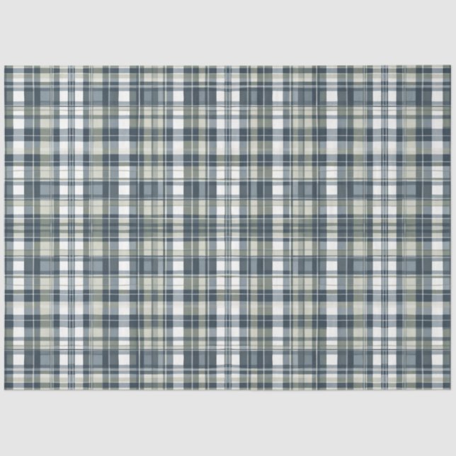 Denim Blue Sage Green White Plaid Decoupage Tissue Paper (Front)