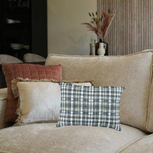 Denim Blue Sage Green White Plaid Lumbar Decorative Cushion