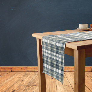 Denim Blue Sage Green White Plaid Short Table Runner