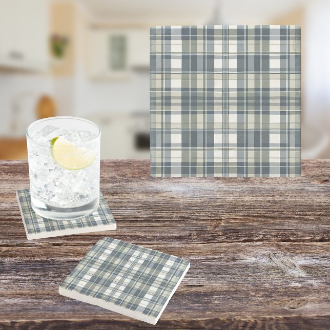 Denim Blue Sage Green White Plaid Stone Coaster (Creator Uploaded)