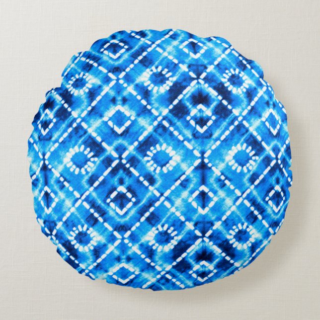 Denim blue tie die texture repeat modern pattern round cushion (Front)