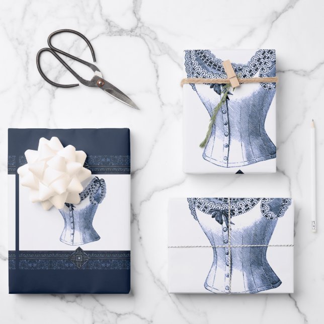 Denim Blue Vintage Bustier Wrapping Paper Sheet (Front)
