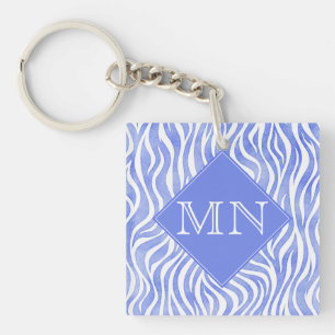 Denim Blue Watercolor Zebra Print Monogram Key Ring