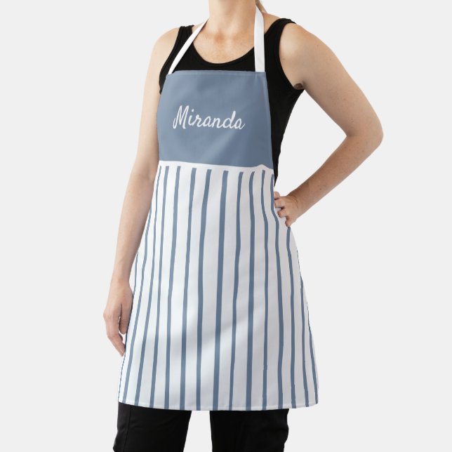 Denim Blue & White Striped Personalised Apron (Insitu)