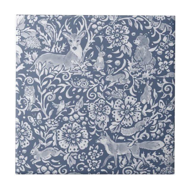 Denim Blue Woodland Animal Forest Deer Rabbit Tile (Front)