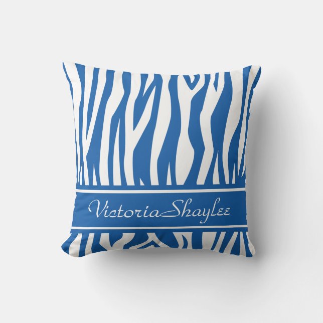 Denim Blue Zebra Print with custom text Cushion (Front)