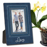 Denim Border Built-In Easel Tabletop Plaque<br><div class="desc">A faux crystal studded blue jean frame on a deep denim background with any wording in chic lettering highlights your favourite photo. CHANGE wording,  fonts and font colour,  too! Great as a gift or to display your favourite photo in your own home. **HORIZONTAL template available in our store.</div>