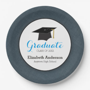 Denim Coloured and Hat Personalised Graduation Paper Plate
