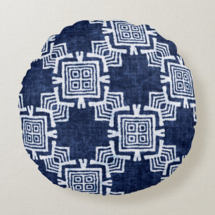 Denim coloured tribal ethnic seamless pattern round cushion