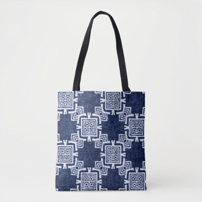 Denim coloured tribal ethnic seamless pattern tote bag (Front)