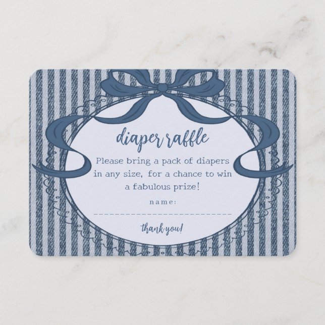 Denim Coquette Bow Blue Jean Baby Diaper Raffle Enclosure Card (Front)