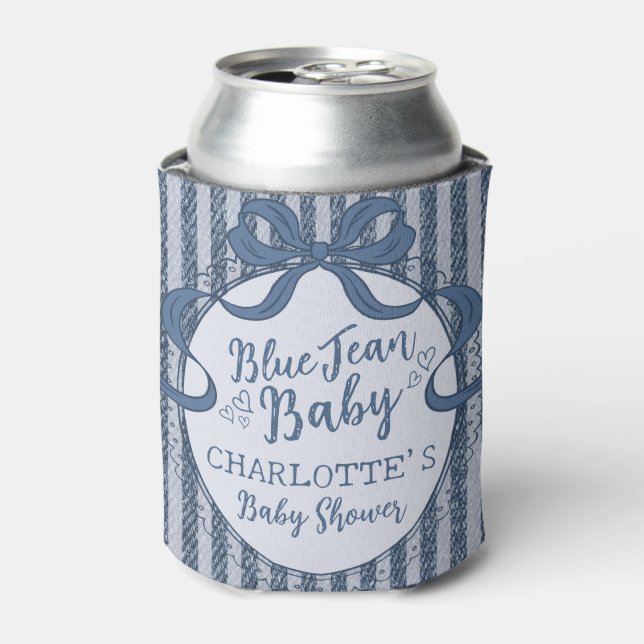 Denim Coquette Bow Blue Jean Baby Shower Favor Can Cooler (Can Front)