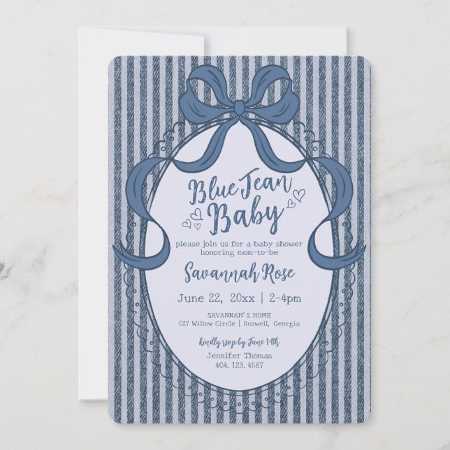 Denim Coquette Bow Blue Jean Baby Shower Invitation (Front)