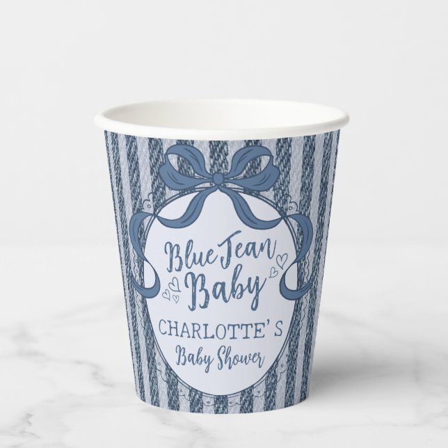 Denim Coquette Bow Blue Jean Baby Shower Paper Cups (Front)