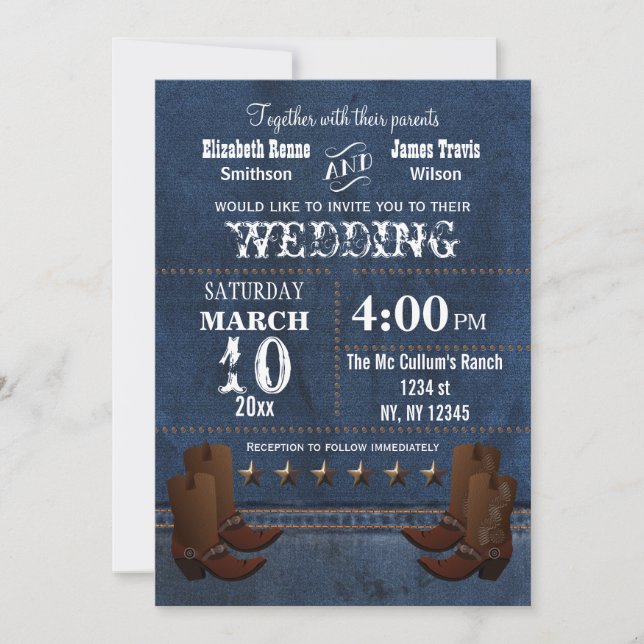 Denim Cowboy boots Stars Western wedding invite (Front)