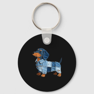 Denim Dachshund Dog Patchwork Puppy Vintage Art Key Ring