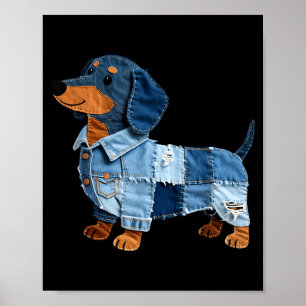 Denim Dachshund Dog Patchwork Puppy Vintage Art Poster