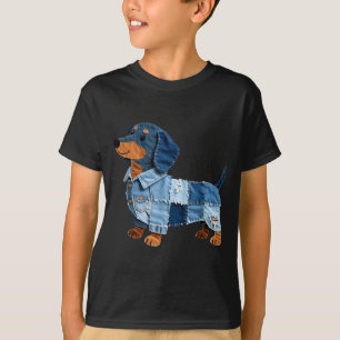 Denim Dachshund Dog Patchwork Puppy Vintage Art  T-Shirt