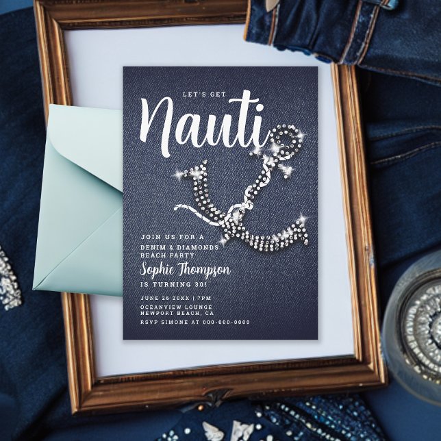 Denim Diamond Anchor Get Nauti Birthday Party Invitation (Denim and Diamonds Boat Anchor 30th Birthday Party Invitation Jeans Bling Glitter Elegant Classy)