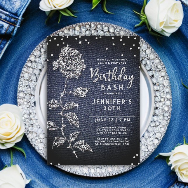 Denim Diamond Bling Rose Indigo Blue 30th Birthday Invitation (denim and diamonds birthday invitation 30th women bling rose rhinestones glitter glitz glam classy)