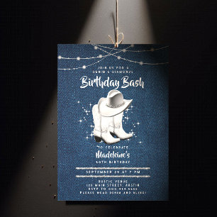 Denim Diamond Cowgirl Hat Boots Chic 50th Birthday Invitation