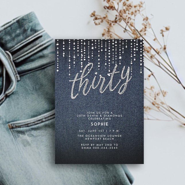 Denim Diamond Glitter Drips Modern 30th Birthday Invitation (denim diamonds 30th birthday for women invitation glitter drippings drips modern calligraphy simple)