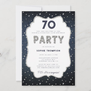 Denim Diamond Glitter Frame 70th Birthday Party Invitation