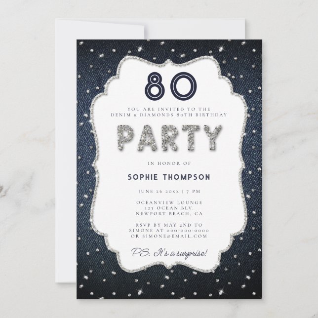Denim Diamond Glitter Frame 80th Birthday Party Invitation (Front)