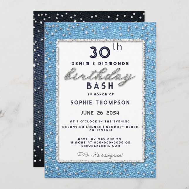 Denim Diamond Glitter Frame Any Age Birthday Party Invitation (Front/Back)