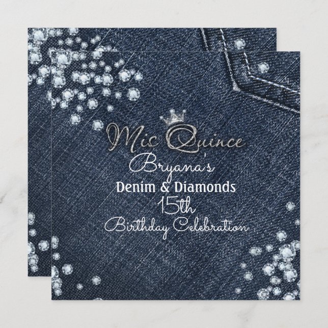 Denim & Diamond MIS QUINCE Crown Party Invitations (Front/Back)