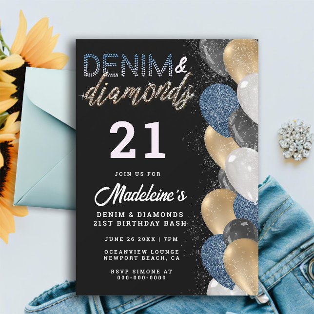 Denim Diamonds Balloons Arch Modern 21st Birthday Invitation (denim diamonds 21st birthday invitation for women balloons arch modern elegant classy stylish cute)