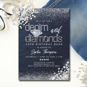 Denim Diamonds Bling Classy 30th Birthday Party Invitation