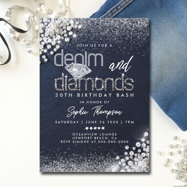 Denim Diamonds Bling Classy 30th Birthday Party Invitation (denim and diamonds party invitations 30th 50th sweet 16 elegant classy blue white bling template)