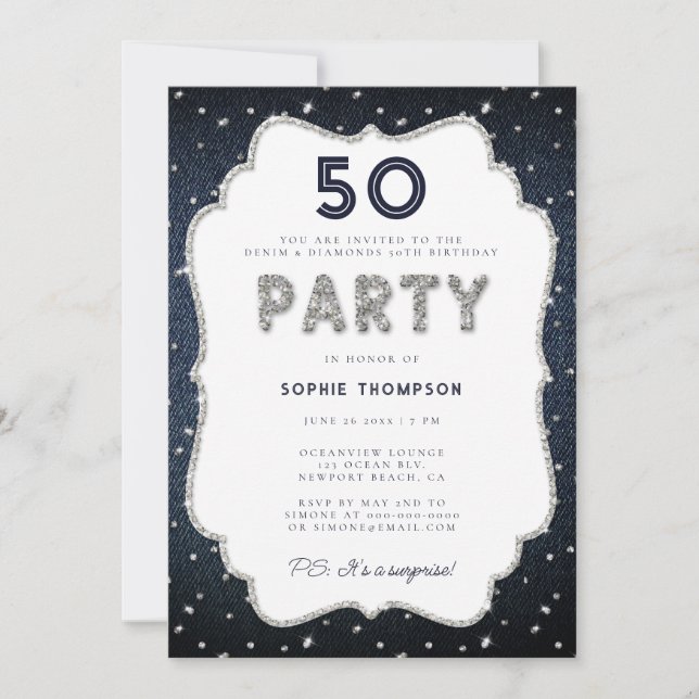 Denim Diamonds Bling Frame 50th Birthday Party Invitation (Front)