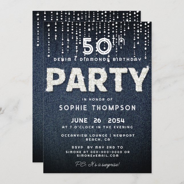 Denim Diamonds Bling Glitter Classy Birthday Party Invitation (Front/Back)