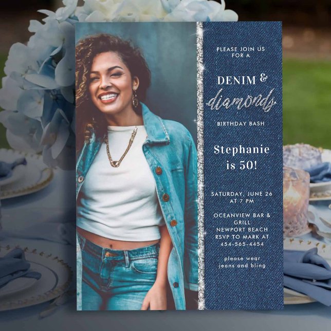Denim Diamonds Bling Glitter Photo 50th Birthday Invitation (denim and diamonds birthday party women 50th elegant classy photo template chic)