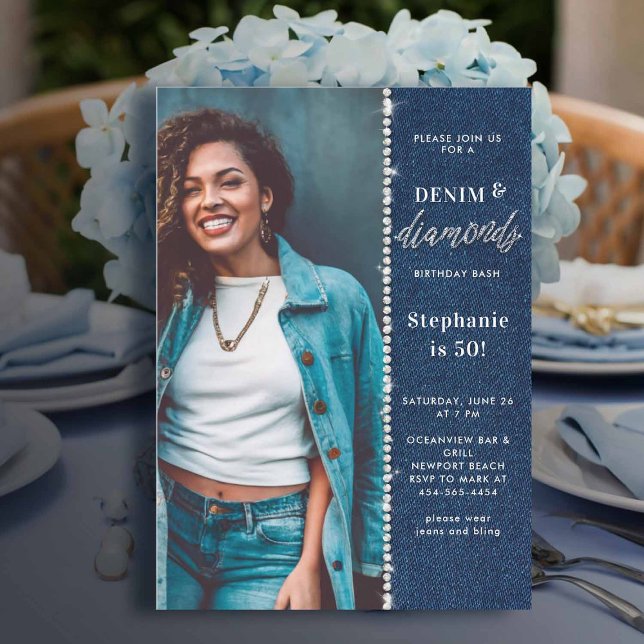 Denim Diamonds Bling Glitzy Photo 50th Birthday Invitation (denim and diamonds birthday party women 50th elegant classy glitzy photo template chic)