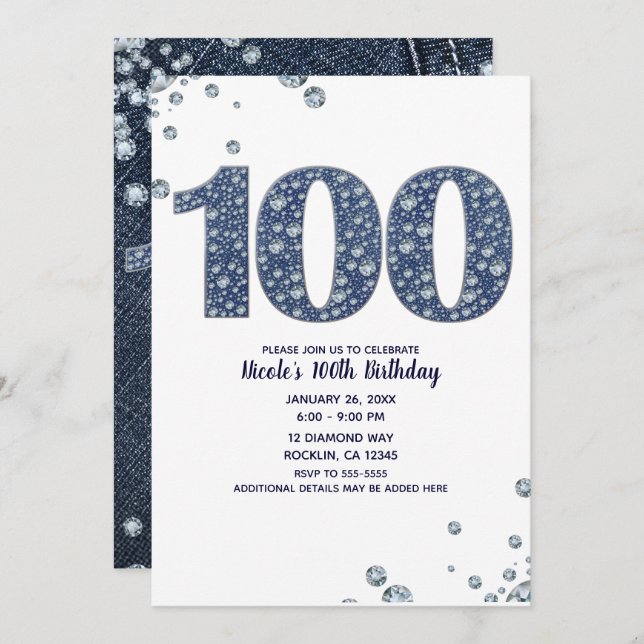 Denim & Diamonds Bling Sparkle 100TH 100 Birthday Invitation (Front/Back)