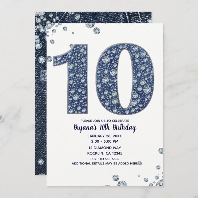 Denim & Diamonds Bling Sparkle 10th 10 Birthday Invitation (Front/Back)