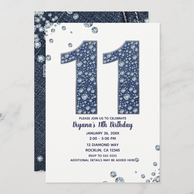 Denim & Diamonds Bling Sparkle 11th 11 Birthday Invitation (Front/Back)