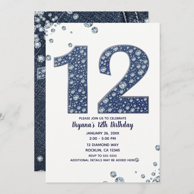 Denim & Diamonds Bling Sparkle 12th 12 Birthday Invitation (Front/Back)